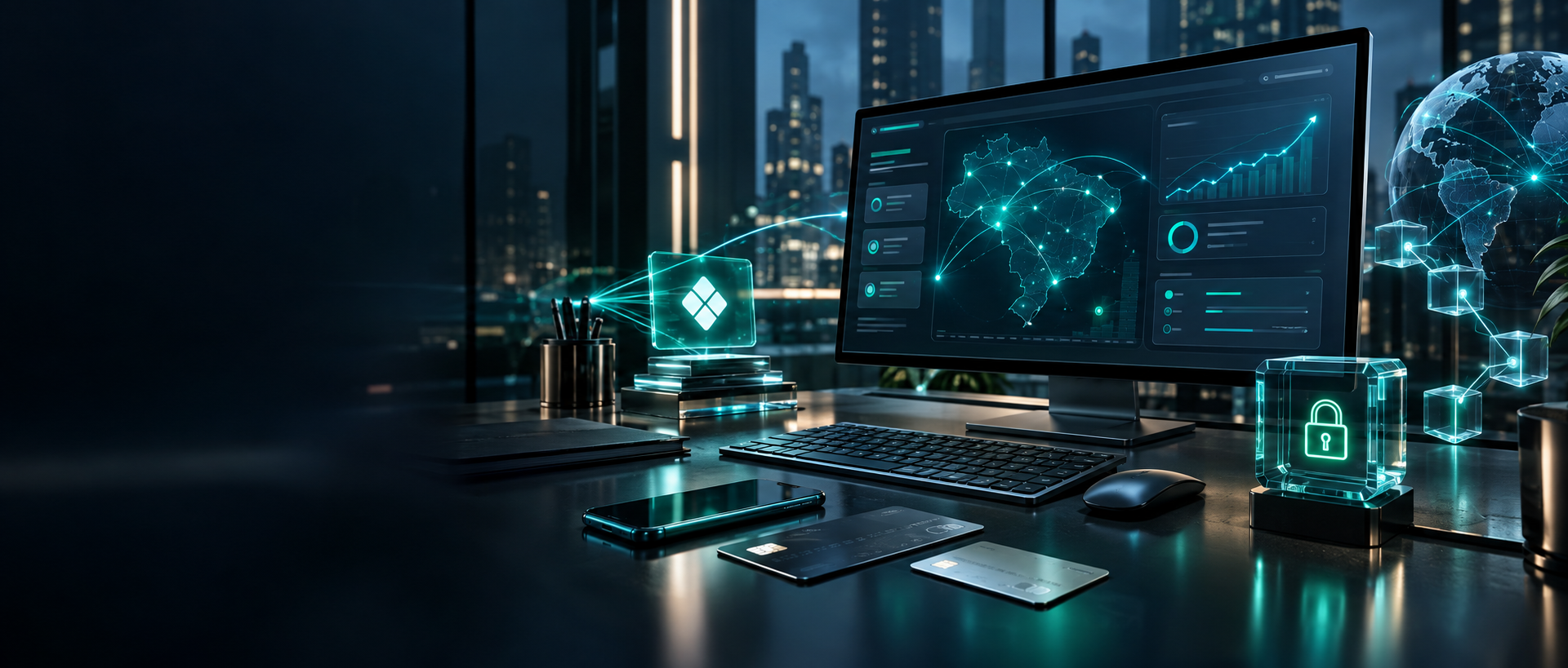 Ambiente moderno de tecnologia financeira com paineis digitais e rede de transacoes